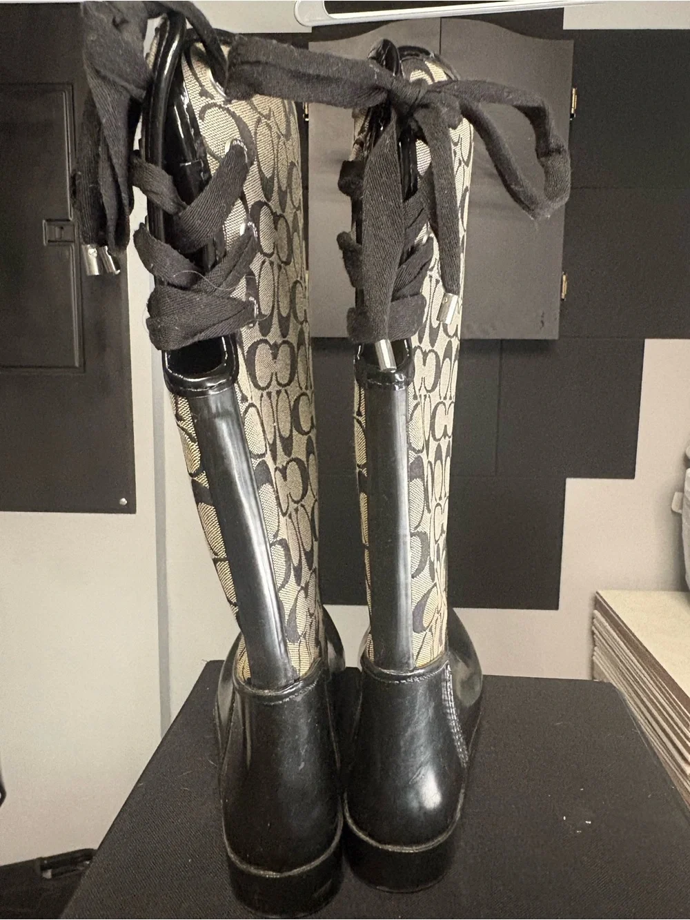 Coach Tall Rain Boots in Black and Beige Signature Print